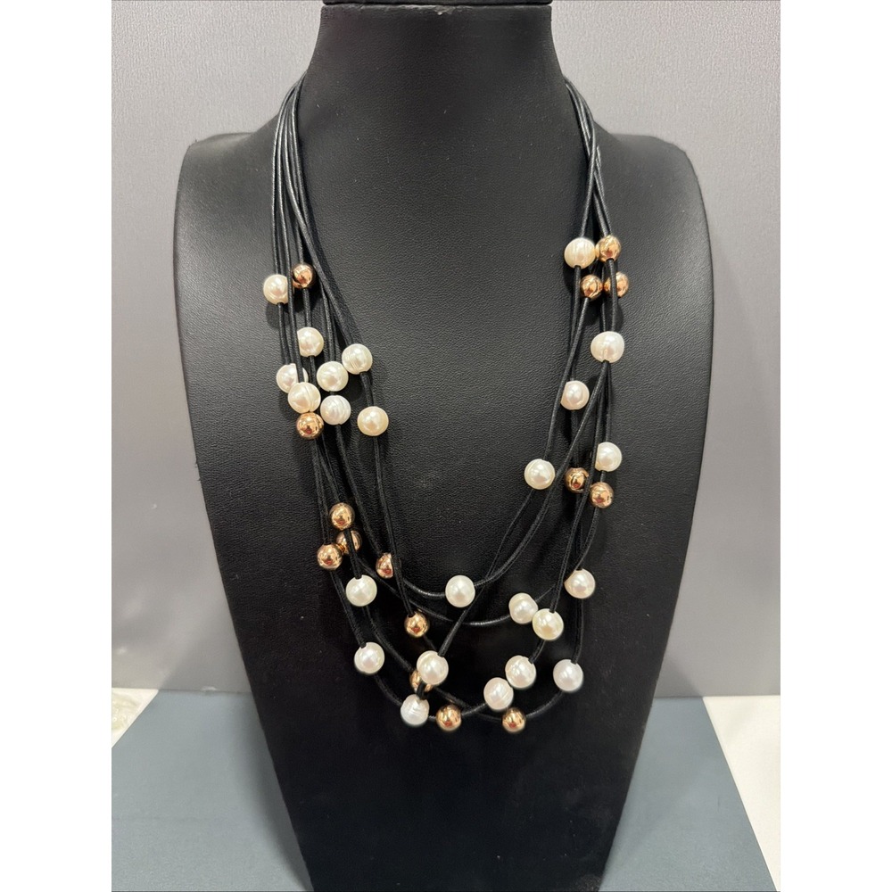 5 Strand Black Cord Necklace Imitation Pearl Rose Gold Tone Beads 18" Statement